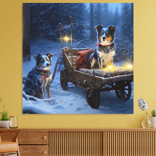 Blauwe Heeler Sneeuwslee Kerstdecoratie Canvas Afdruk (Insitu (Woonkamer))