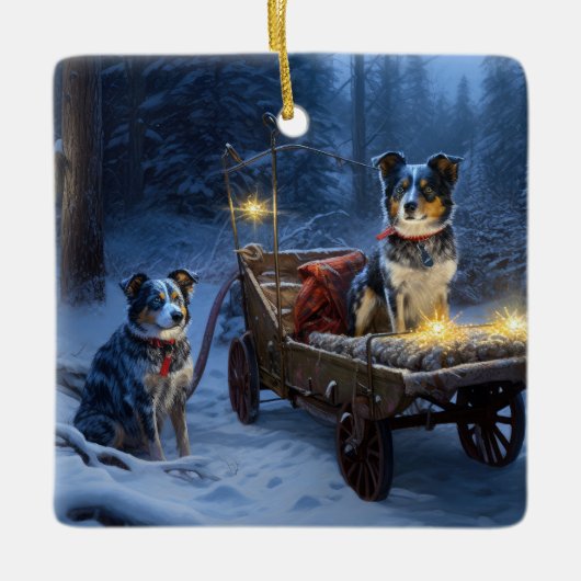 Blauwe Heeler Sneeuwslee Kerstdecoratie Keramisch Ornament (Voorkant)