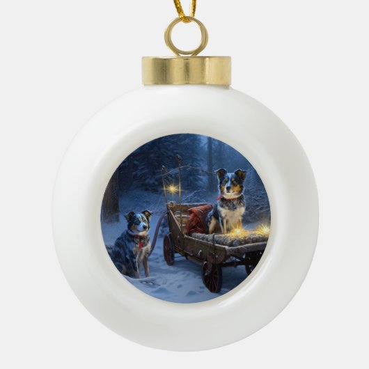 Blauwe Heeler Sneeuwslee Kerstdecoratie Keramische Bal Ornament (Voorkant)