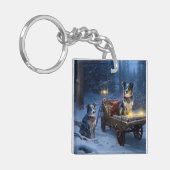 Blauwe Heeler Sneeuwslee Kerstdecoratie Sleutelhanger (Voorkant Links)