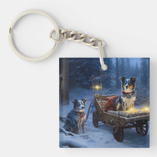 Blauwe Heeler Sneeuwslee Kerstdecoratie Sleutelhanger (Voorkant)