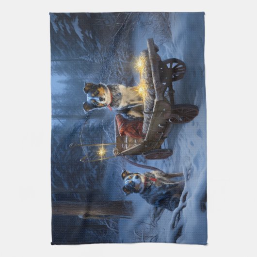 Blauwe Heeler Sneeuwslee Kerstdecoratie Theedoek (Verticaal)