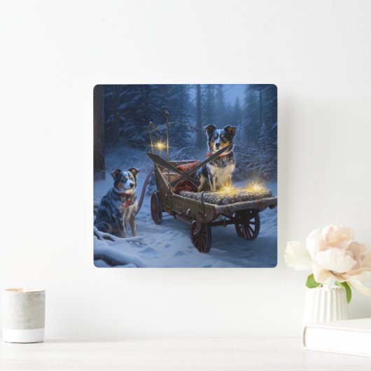 Blauwe Heeler Sneeuwslee Kerstdecoratie Vierkante Klok (Huis)