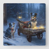 Blauwe Heeler Sneeuwslee Kerstdecoratie Vierkante Klok (Voorkant)