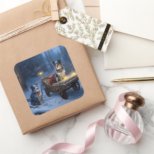 Blauwe Heeler Sneeuwslee Kerstdecoratie Vierkante Sticker (Geschenken)