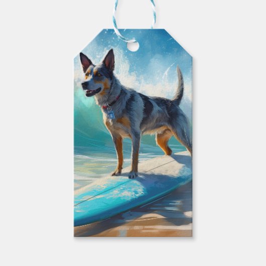 Blauwe Heeler Strand Surfschildering Cadeaulabel (Voorkant)