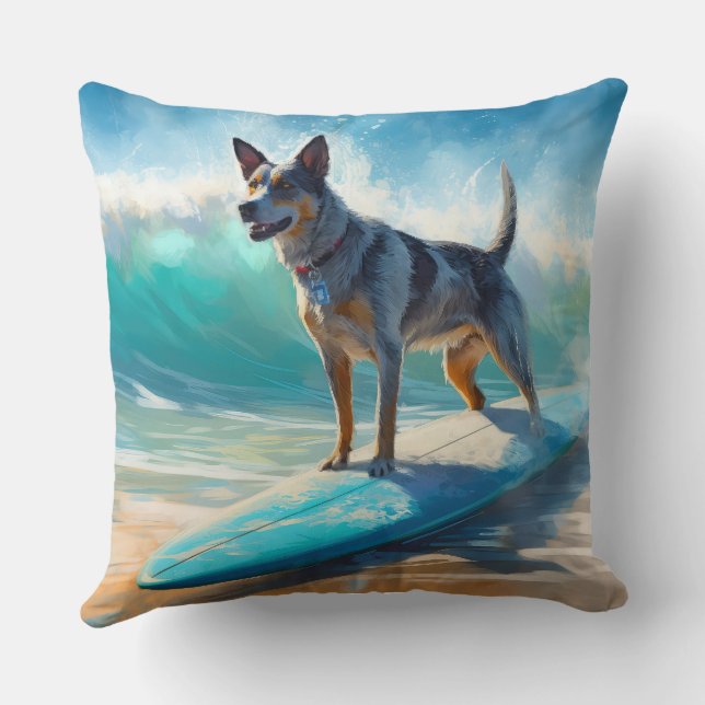 Blauwe Heeler Strand Surfschildering Kussen (Achterkant)