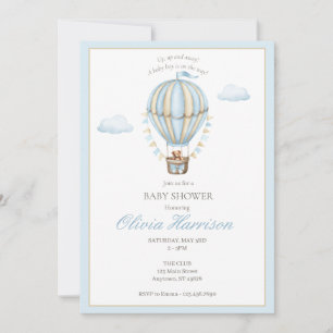 Blauwe Heet Luchtballon Baby Jongen Shower Uitnodi Kaart