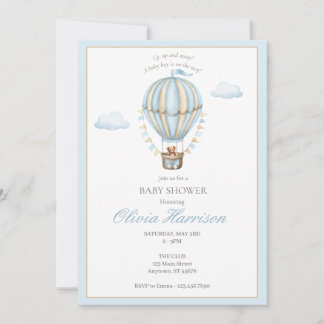 Blauwe Heet Luchtballon Baby Jongen Shower Uitnodi Kaart