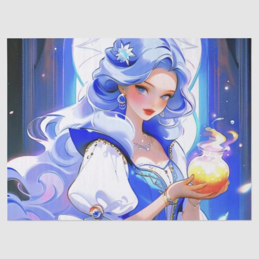 Blauwe Heks Holding Potion Halloween Dagcadeauverp Tissuepapier (Voorkant)