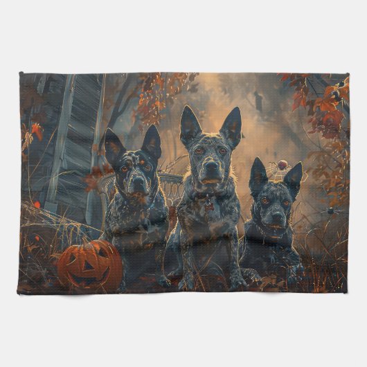 Blauwe heler Halloween nacht Doggy Delight Theedoek (Horizontaal)