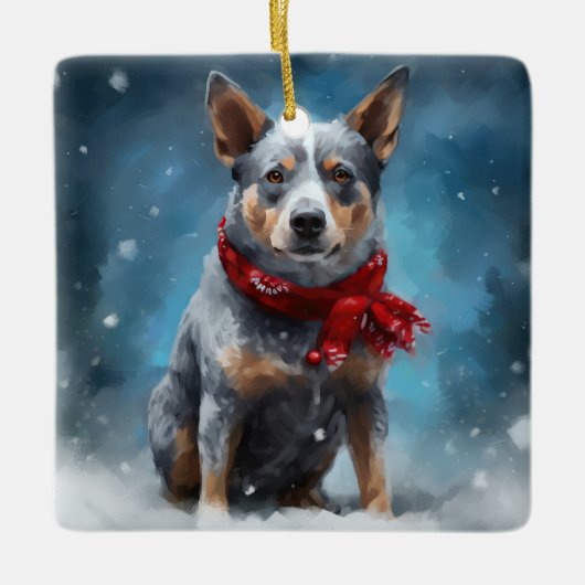 Blauwe heler hond in sneeuw Kerstmis Keramisch Ornament (Voorkant)