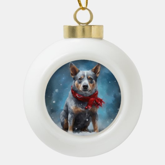 Blauwe heler hond in sneeuw Kerstmis Keramische Bal Ornament (Voorkant)