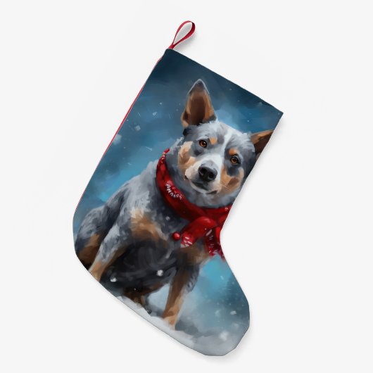 Blauwe heler hond in sneeuw Kerstmis Kleine Kerstsok (Voorkant (Hangend))