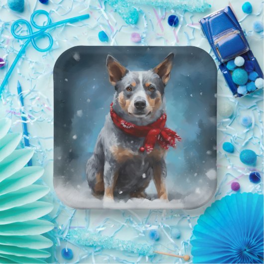 Blauwe heler hond in sneeuw Kerstmis Papieren Bordje (Feest)
