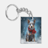 Blauwe heler hond in sneeuw Kerstmis Sleutelhanger (Voorkant Links)