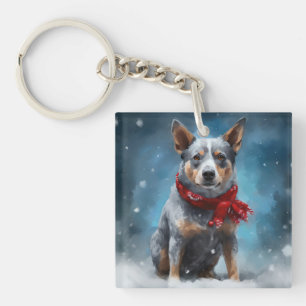 Blauwe heler hond in sneeuw Kerstmis Sleutelhanger
