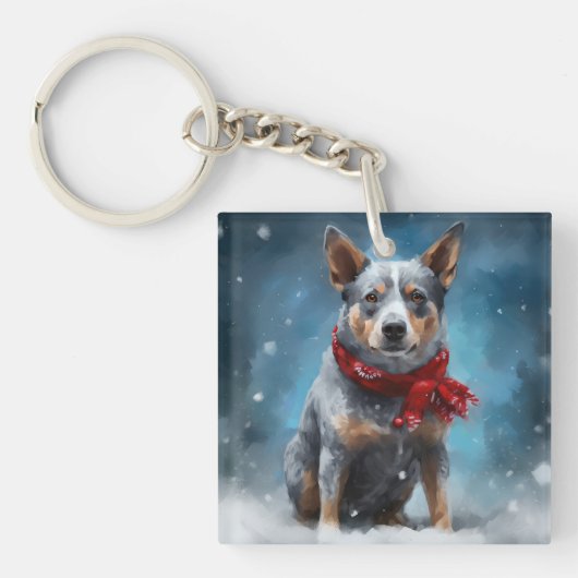 Blauwe heler hond in sneeuw Kerstmis Sleutelhanger (Voorkant)