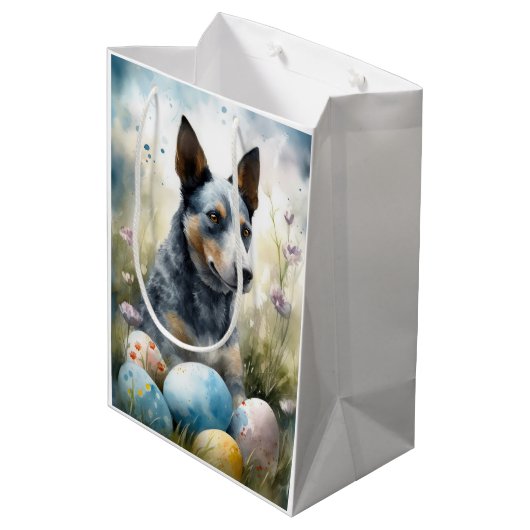 Blauwe heler hond met paaseieren vakantie medium cadeauzakje (Achterkant Gekanteld)