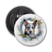 Blauwe heler Kerstkrans feestelijke pup Button Flesopener (Voorkant)