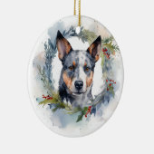 Blauwe heler Kerstkrans feestelijke pup Keramisch Ornament (Rechts)