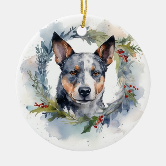 Blauwe heler Kerstkrans feestelijke pup Keramisch Ornament (Voorkant)