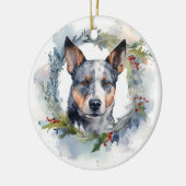 Blauwe heler Kerstkrans feestelijke pup Keramisch Ornament (Links)