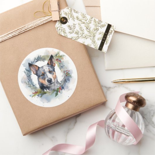 Blauwe heler Kerstkrans feestelijke pup Ronde Sticker (Geschenken)