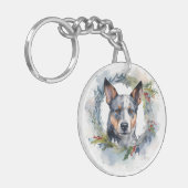 Blauwe heler Kerstkrans feestelijke pup Sleutelhanger (Voorkant Links)