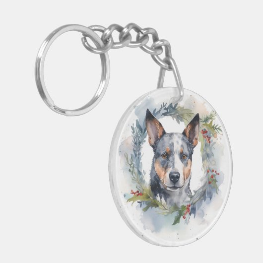 Blauwe heler Kerstkrans feestelijke pup Sleutelhanger (Voorkant Links)