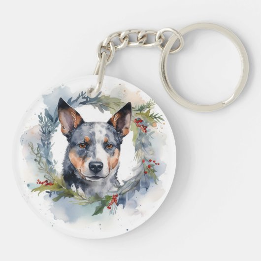 Blauwe heler Kerstkrans feestelijke pup Sleutelhanger (Achterkant)