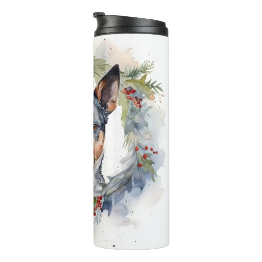 Blauwe heler Kerstkrans feestelijke pup Thermosbeker (Geroteerd rechts)