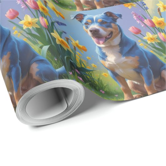 Blauwe Heller Hond Spring Bloemen Schilderen Cadeaupapier (Rol Hoek)