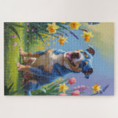 Blauwe Heller Hond Spring Bloemen Schilderen Legpuzzel (Horizontaal)