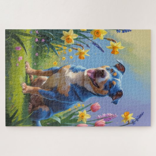 Blauwe Heller Hond Spring Bloemen Schilderen Legpuzzel (Horizontaal)