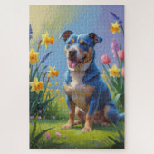 Blauwe Heller Hond Spring Bloemen Schilderen Legpuzzel (Verticaal)