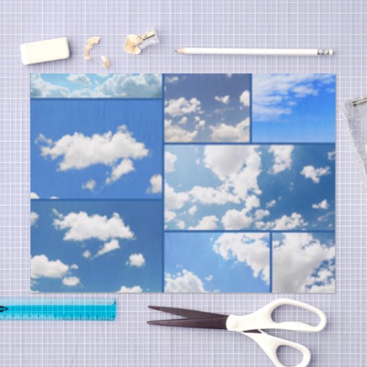Blauwe hemden en witte wolken, collage tissuepapier (Craft)