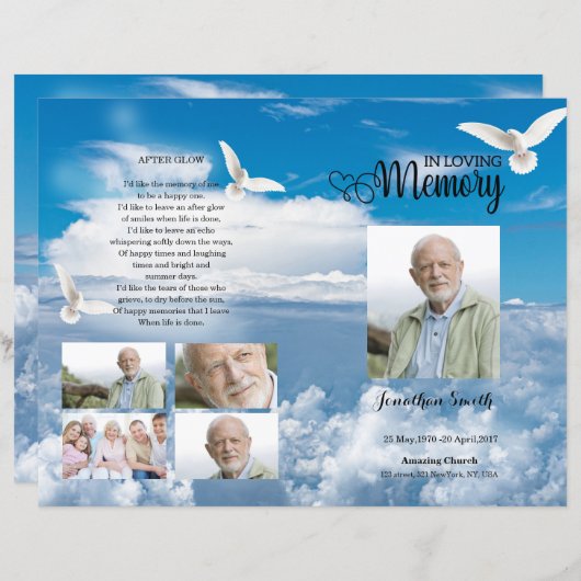 Blauwe hemel en duif Funeral Program sjabloon (Voorkant / Achterkant)