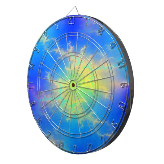 Blauwe hemel en gouden gele blikstrips dartbord (Voorkant Rechts)