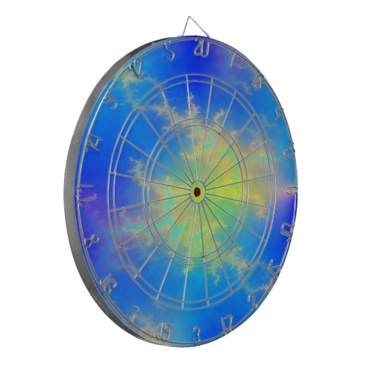 Blauwe hemel en gouden gele blikstrips dartbord (Voorkant Links)