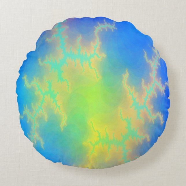 Blauwe hemel en gouden gele blikstrips rond kussen (Voorkant)