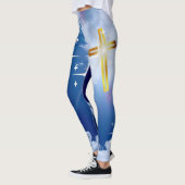 Blauwe hemel met witte wolken en gouden kruis leggings (Links)