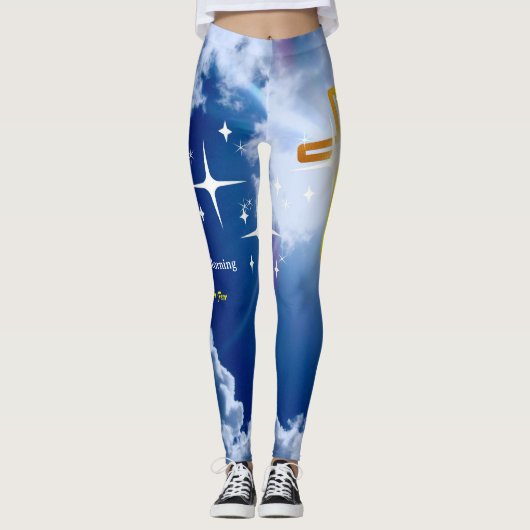 Blauwe hemel met witte wolken en gouden kruis leggings (Voorkant)