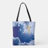 Blauwe hemel met witte wolken en gouden kruis tote bag (Achterkant)