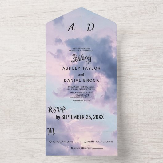 Blauwe hemel romantisch All-in-One Wedding Invite All In One Uitnodiging (Binnen)