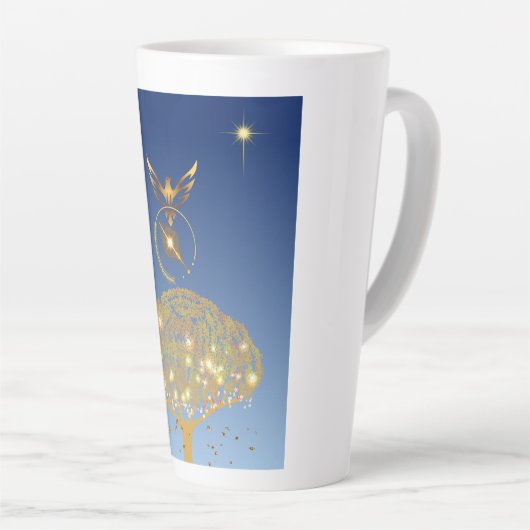 Blauwe hemel: sterren, een vogel en een gouden boo latte mok (Rechterhoek)