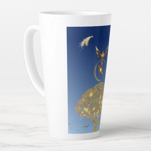 Blauwe hemel: sterren, een vogel en een gouden boo latte mok (Linkerhoek)