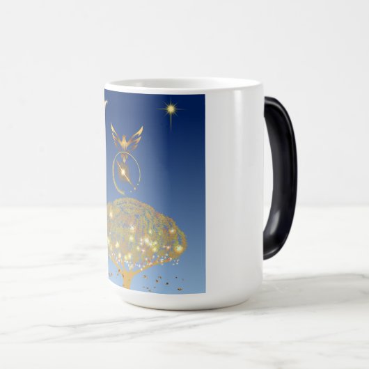 Blauwe hemel: sterren, een vogel en een gouden boo magische mok (Voorkant rechts)