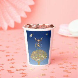 Blauwe hemel: sterren, een vogel en een gouden boo papieren bekers