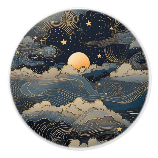 Blauwe hemel sterren maan retro keramische knop (Voorkant)